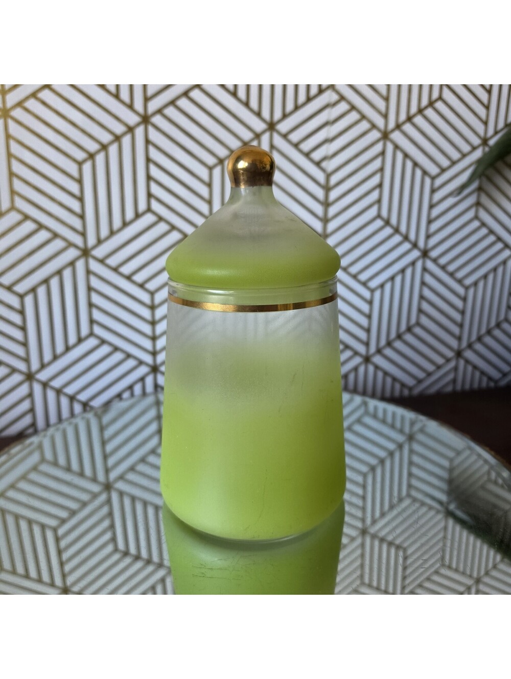 Vintage Rare Blendo Lidded Frosted Green Glass Apothecary Candy Dish 7.5”